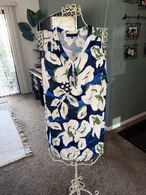 RACHEL Rachel Rey Blue, White & Green Floral Print Blouse 2XL